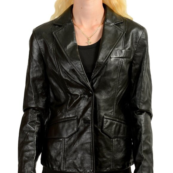 Scuderia Ferrari Women's Black 100% Leather Two Button Blazer Jacket US XS IT 38